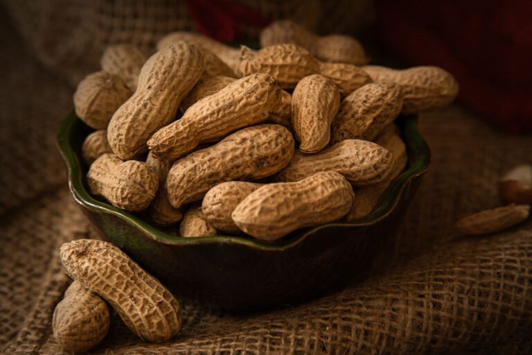 Bol de cacahuètes entières sur une toile de jute, allergène alimentaire à déclaration obligatoire